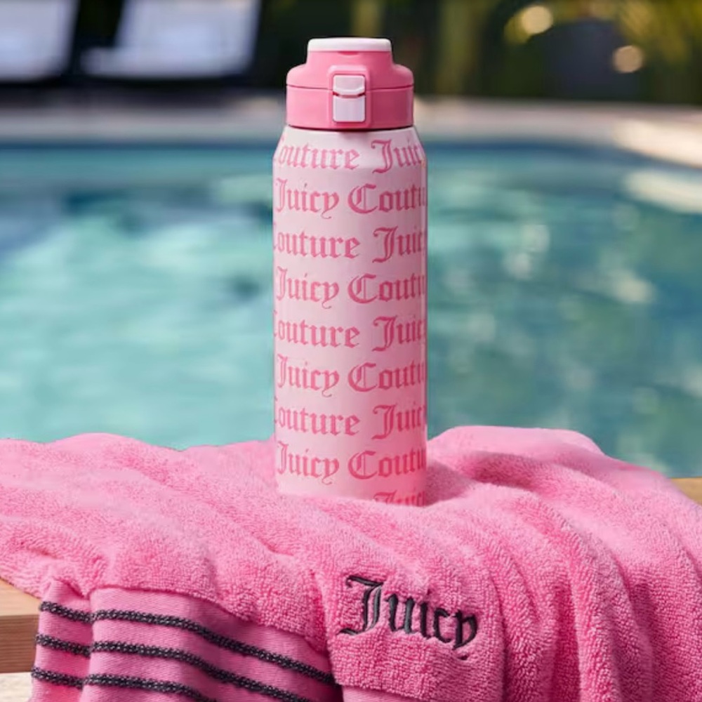 Juicy Couture Pink Water Bottle with text NWT flip top straw